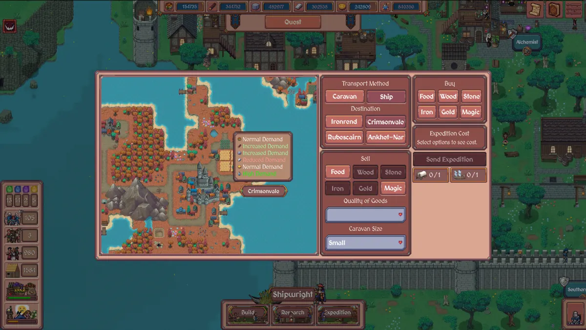 The expedition interface showing a map, destinations, goods, and transport options