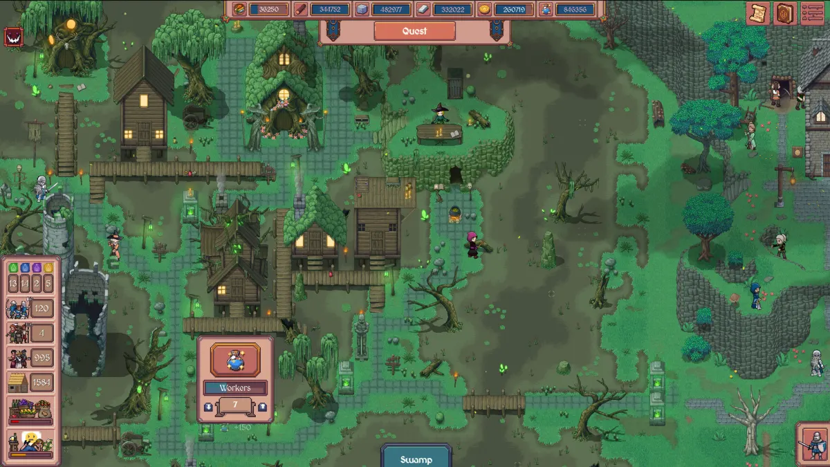Workers gathering resources around a woodland Hearth and Hamlet settlement