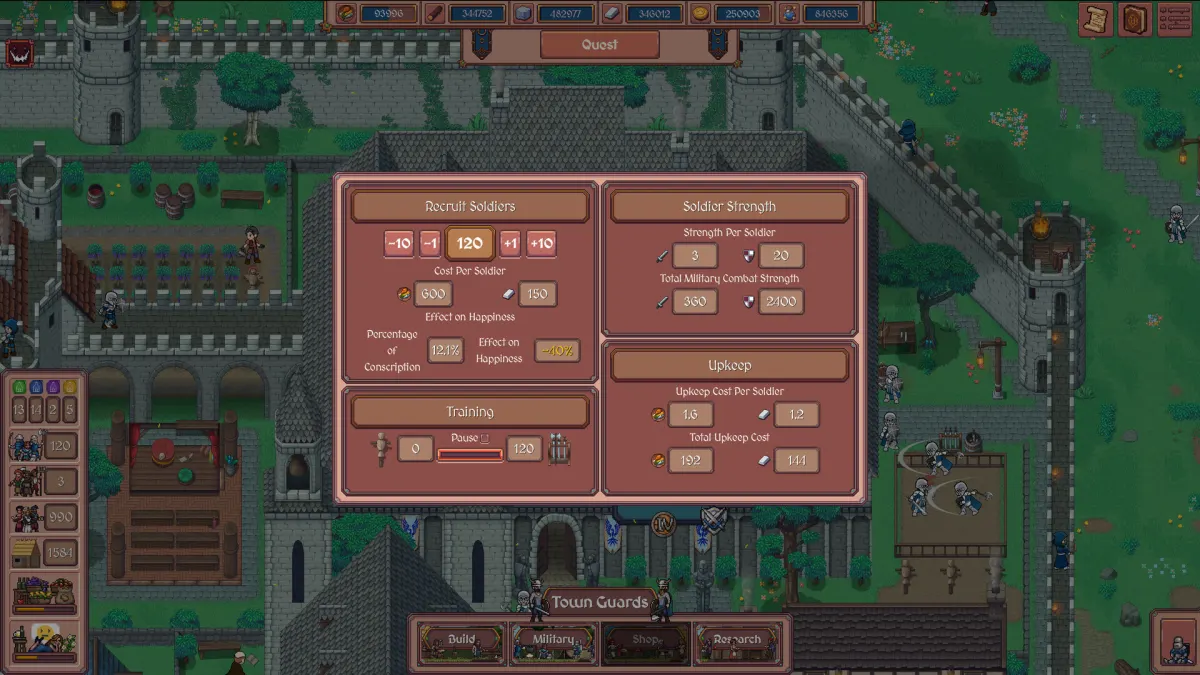 The Hearth and Hamlet recruit-soldiers panel showing army strength, upkeep, and happiness impact